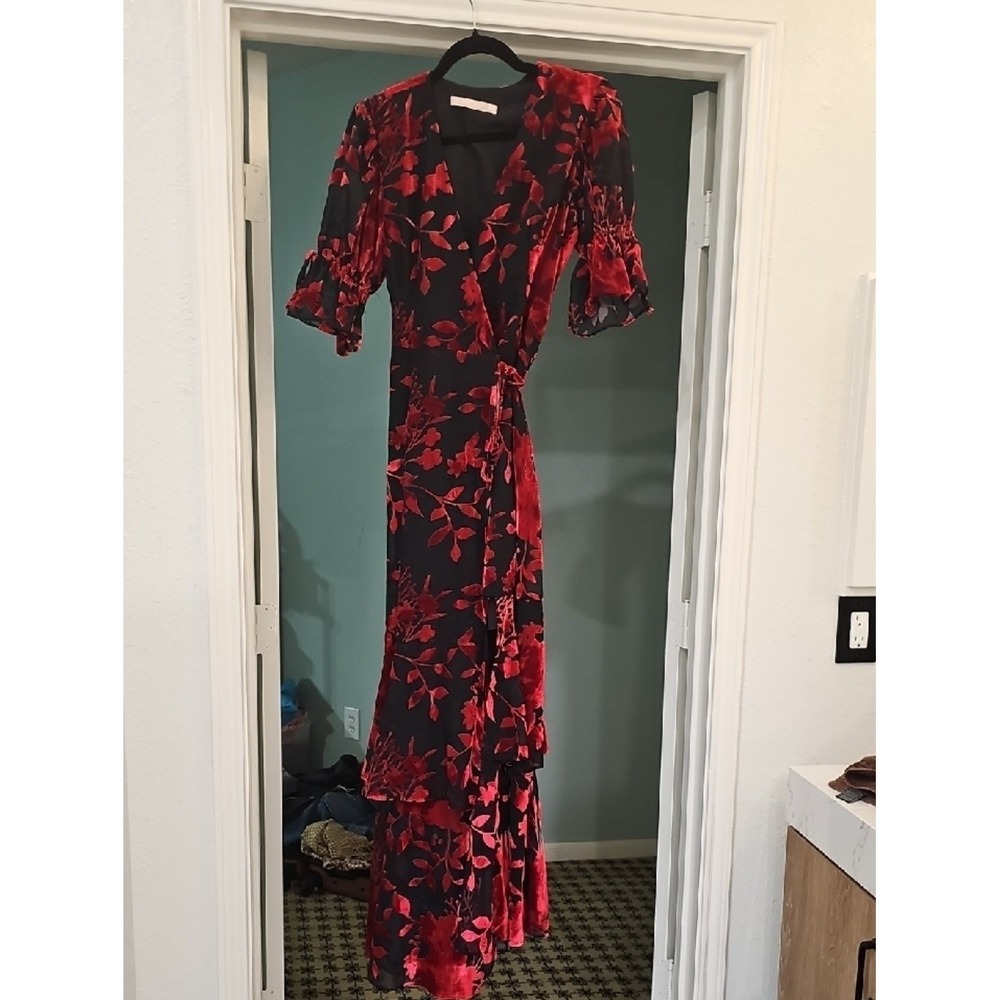 Velvet Burnout Floral Wrap Maxi Dress Red Black Ruffle Sleeve Tiered Gown